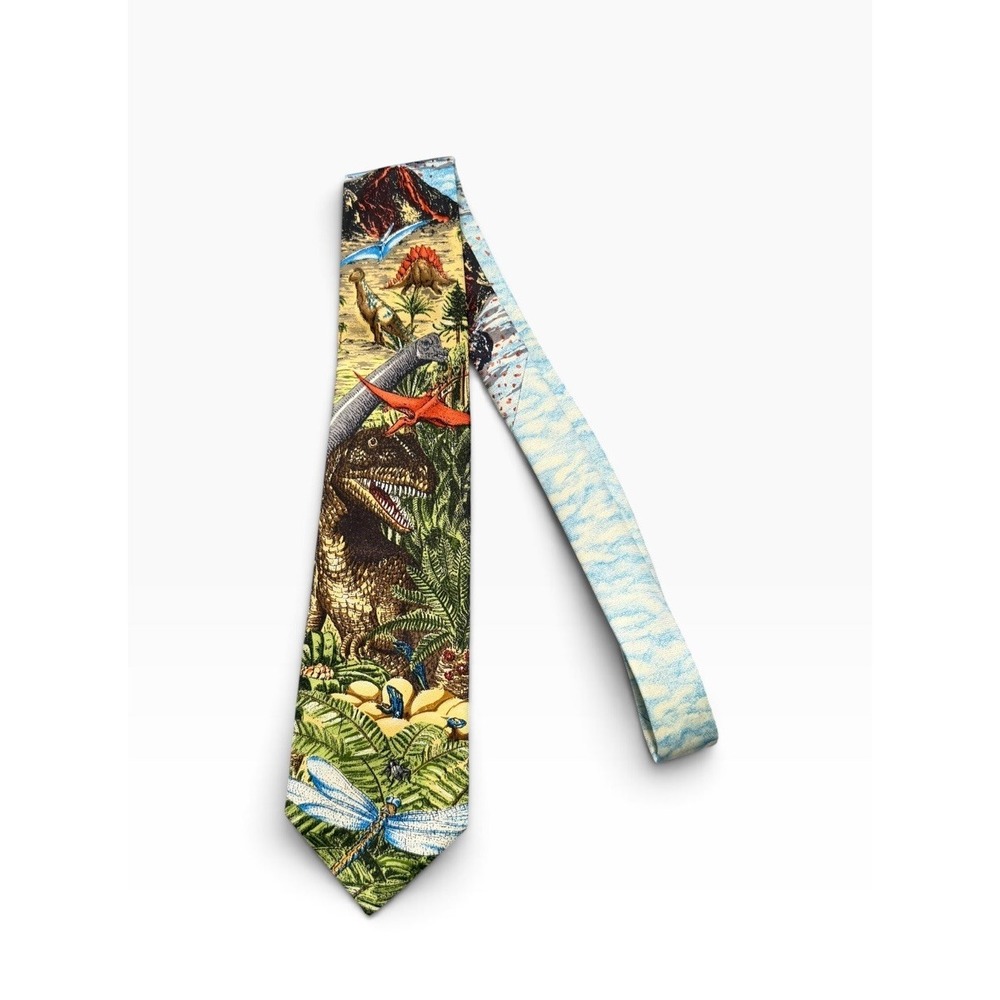 Vtg Lands End Dinosaurs Volcano Prehistoric Neck Tie 100% Silk Hand Made USA
